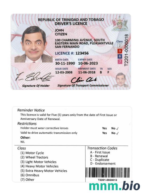 Trinidad and Tobago driving license szablon in PSD format, with all fonts